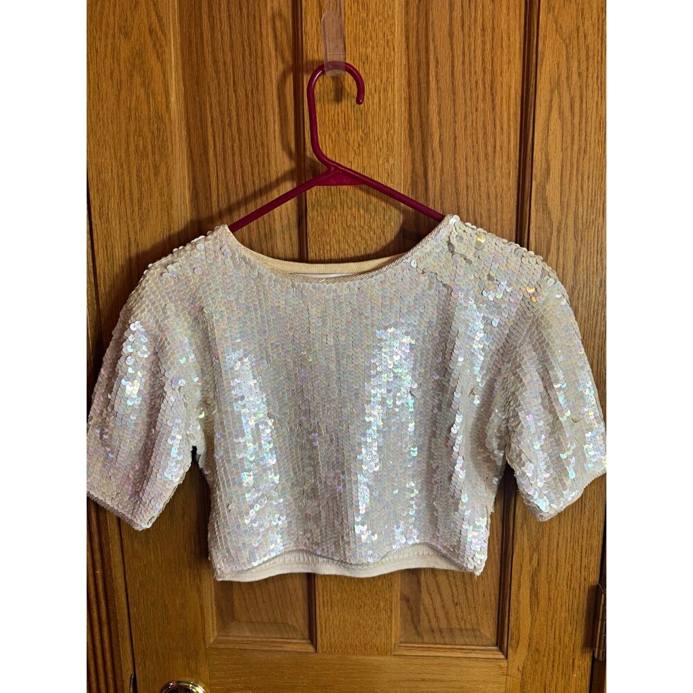 Vintage Cathy Hardwick Women’s S White Sequin Round Neck Short Sleeve Crop Top